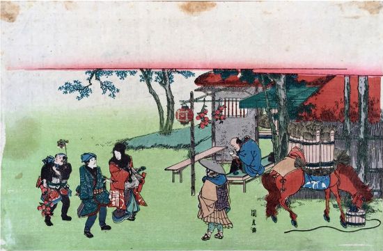 Travelers Arriving at the Inn by Ganjosai Kunihiro